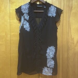 INC Y2K Blouse Womens Size 10 Black Floral Peplum Ruffle Whimsigoth Fairy Grunge